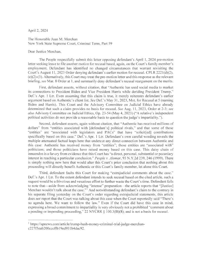 Manhattan DA Prosecutor Blasts Trump's Attempt to Seek Justice Merchan ...