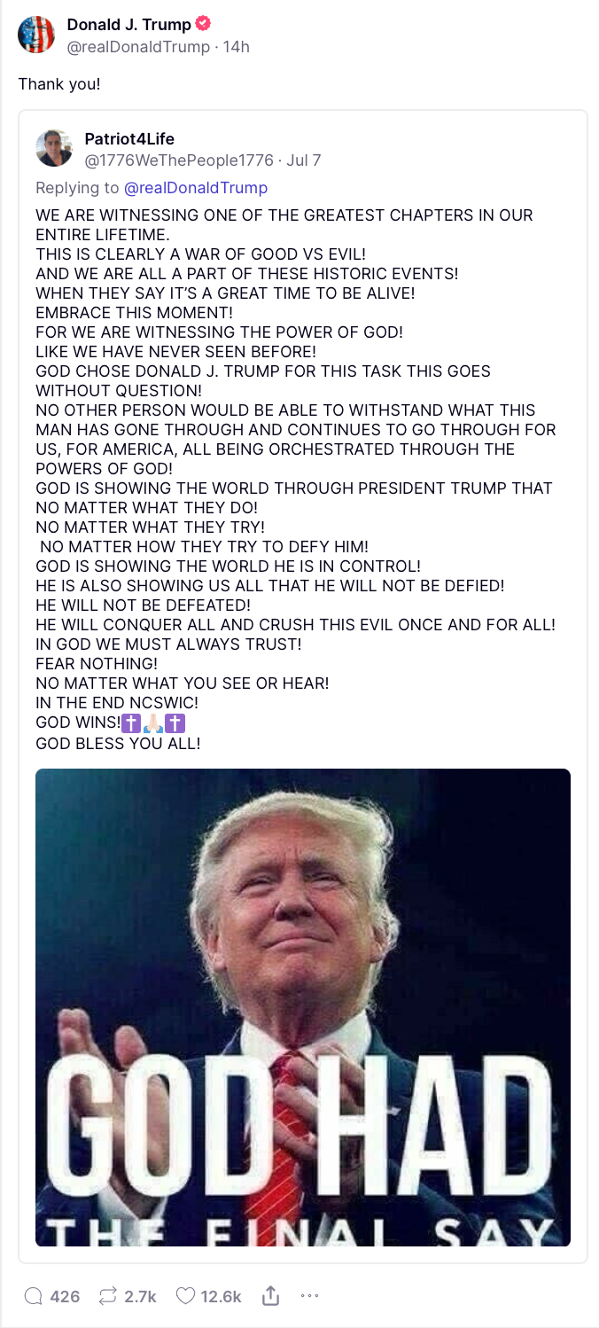Trump's Posts Trump Thanks Follower for Post with QAnon Message Claiming God Chose ...