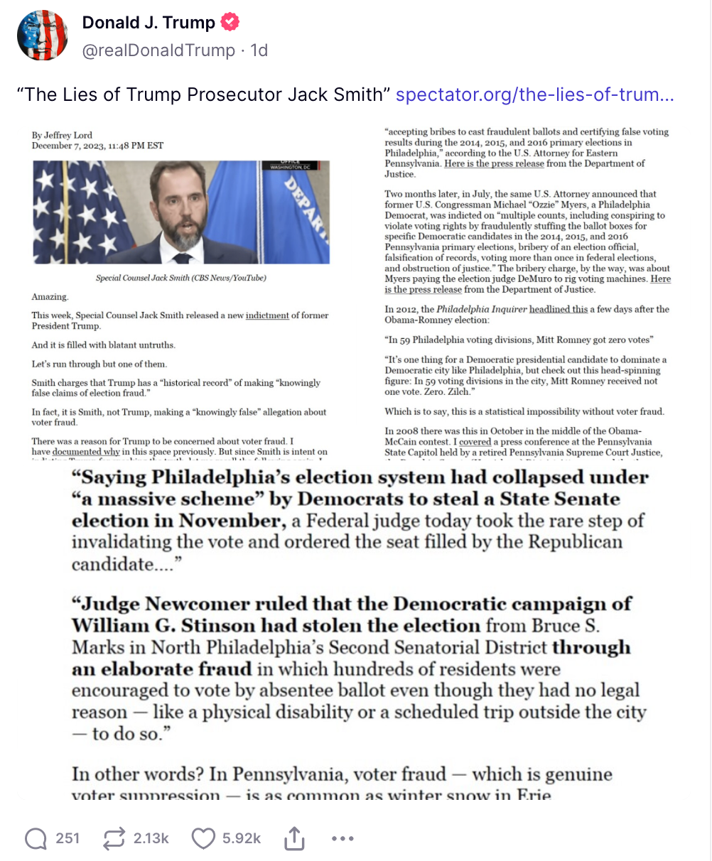 Trump Posts Article Calling for Jack Smith to be Fired and Criminally ...