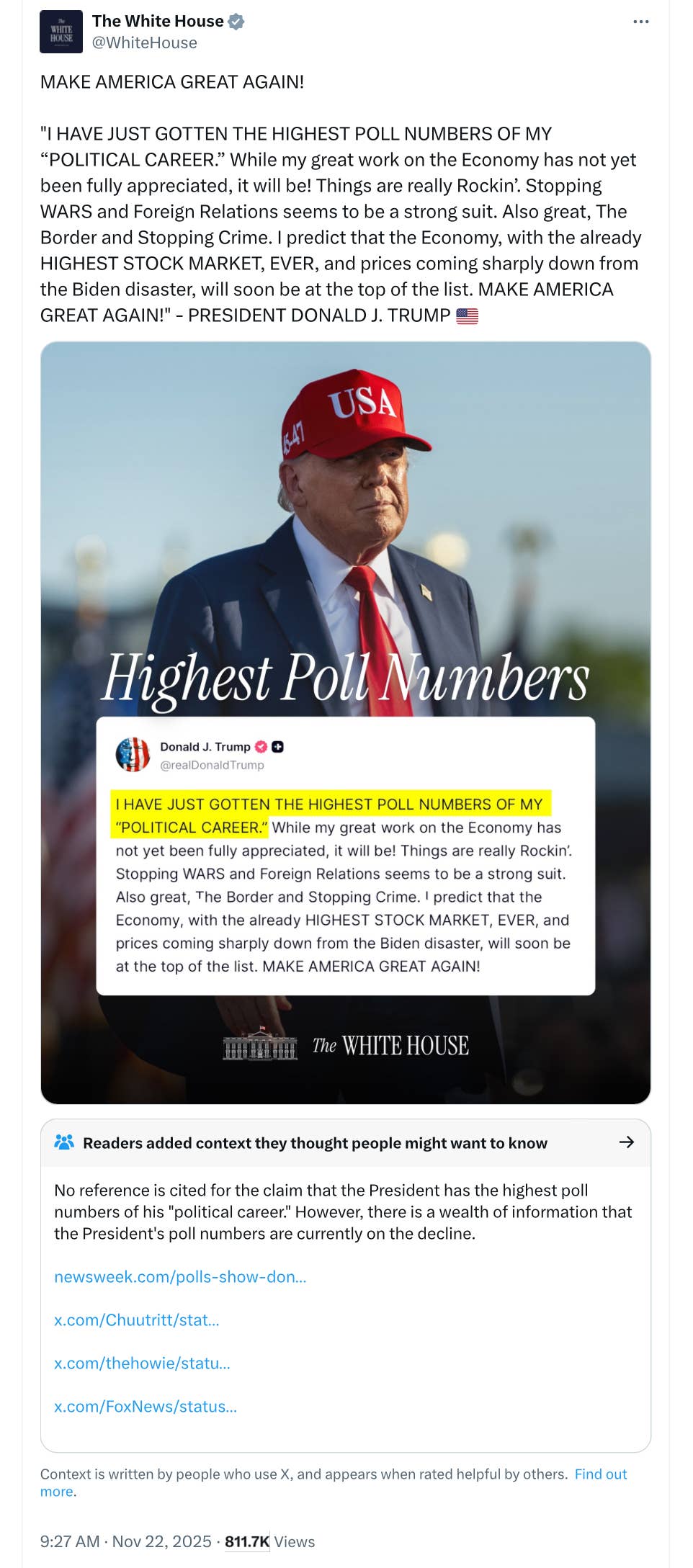 Community Note Challenges Trump’s Claim of ‘Highest Poll Numbers ...