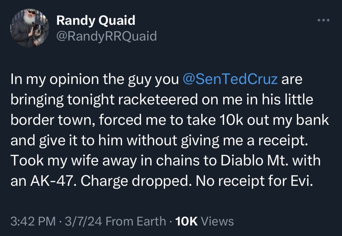 Randy Quaid is Irate at Ted Cruz for Bringing Cop Who Arrested Him to