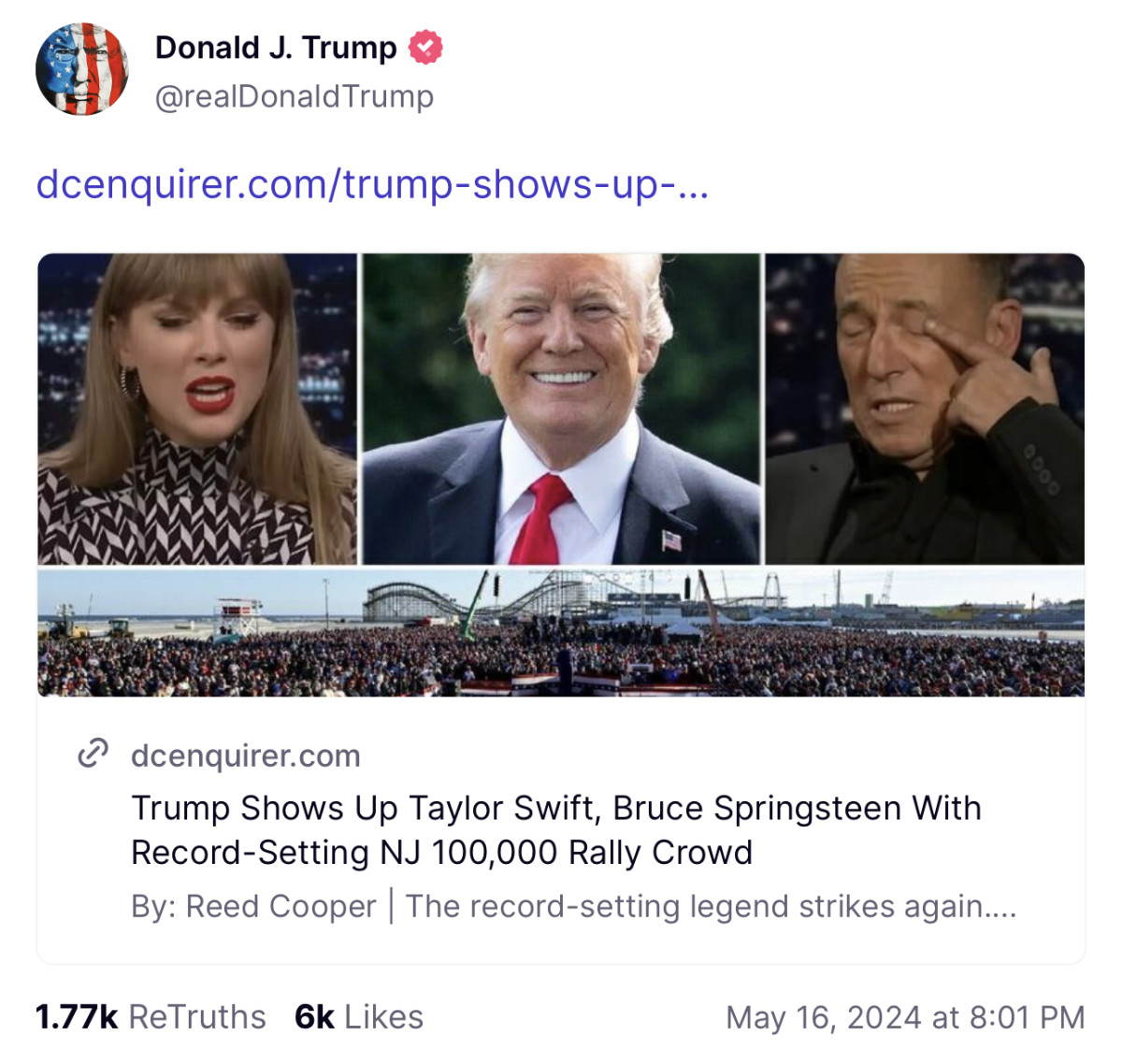 Trump boasts he shows up taylor swift and bruce springsteen in new