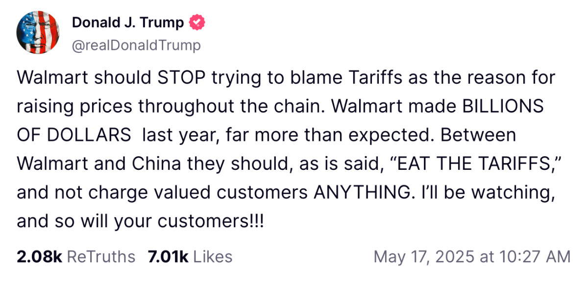 Trump's Truth Social Post on Walmart (meidasnews.com)
