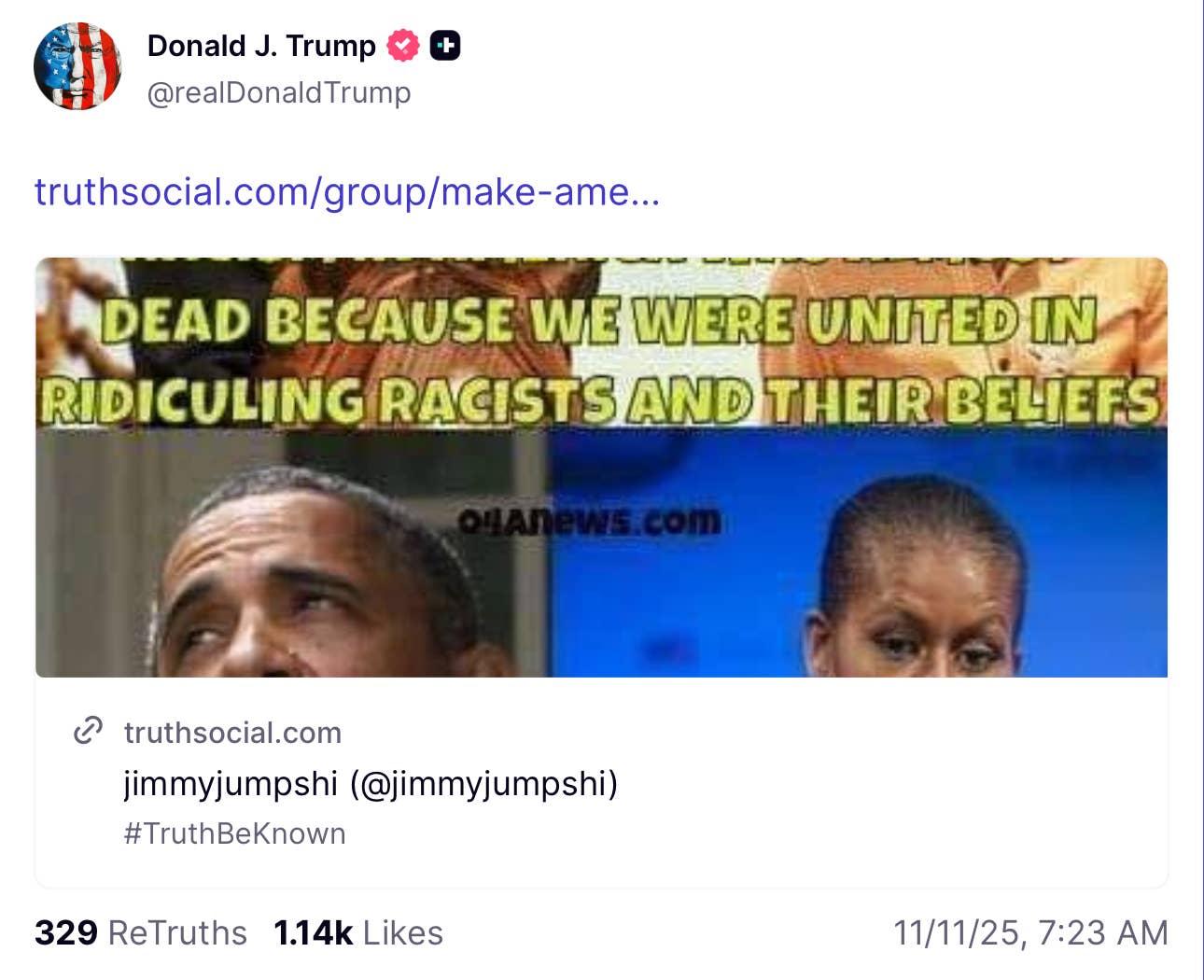 Trump Reposts Meme Blaming the Obamas for Racism in America ...