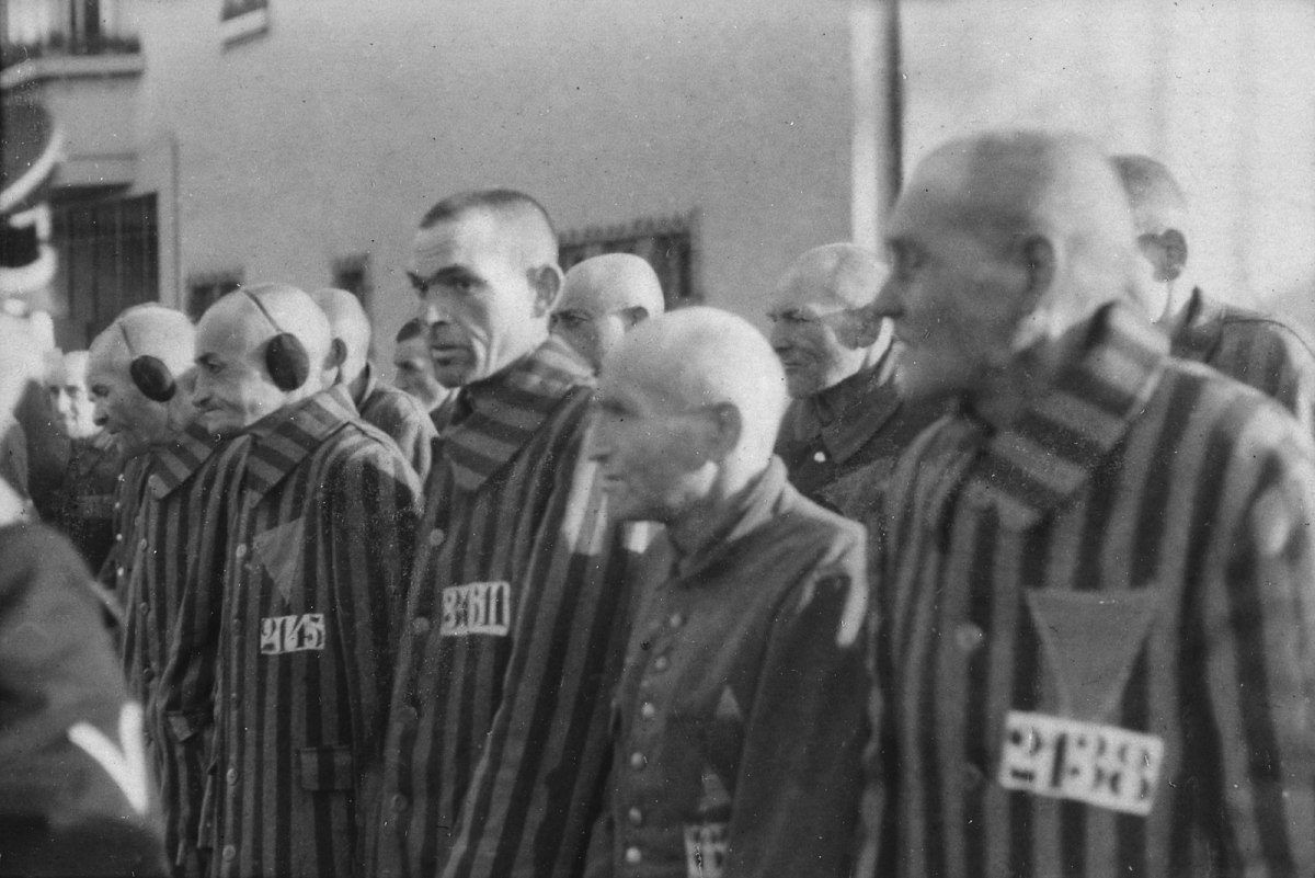 Prisoners wearing triangles in the concentration camp at Sachsenhausen, Germany, December 19, 1938